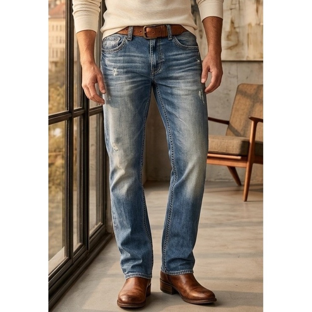 Guess‎ Pasadena Distressed Denim Jeans Men's 36x32 Blue Med Wash Straight Cotton